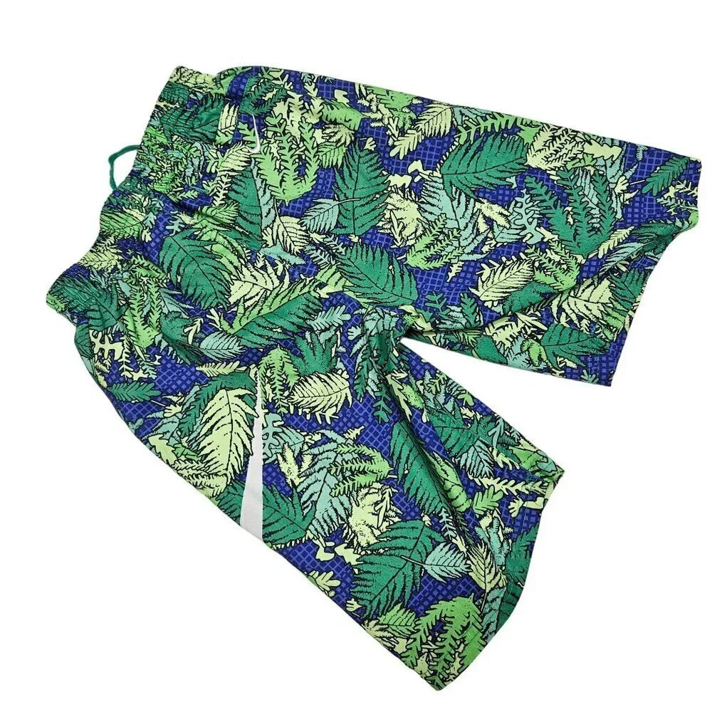 Nike Youth Tropical Leaf Print‎ Swim Trunks M 10-12 Yrs Green/Blue Cinch Waist